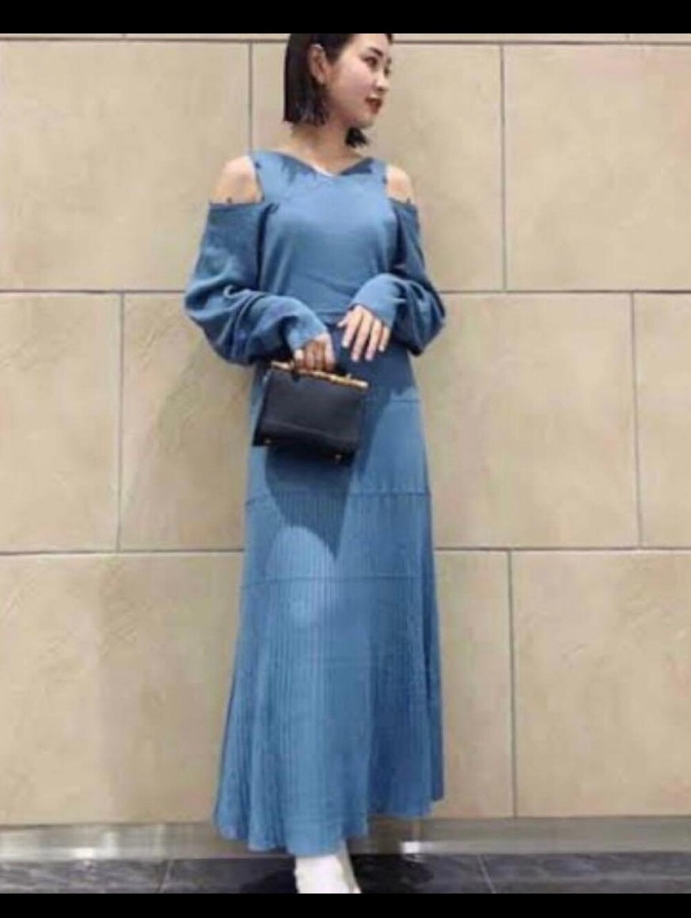 Snidel Cold-Shoulder Knit Maxi Dress in Dusty Blue Japanese